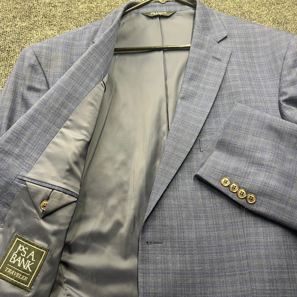 Jos A Bank Traveler Blazer Mens 48R Blue Glen Plaid Wool Tailored Fit Sport Coat